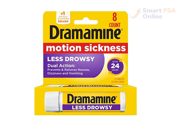 Dramamine Motion Sickness Relief Tablets, Less Drowsy Formula, 8 ct.