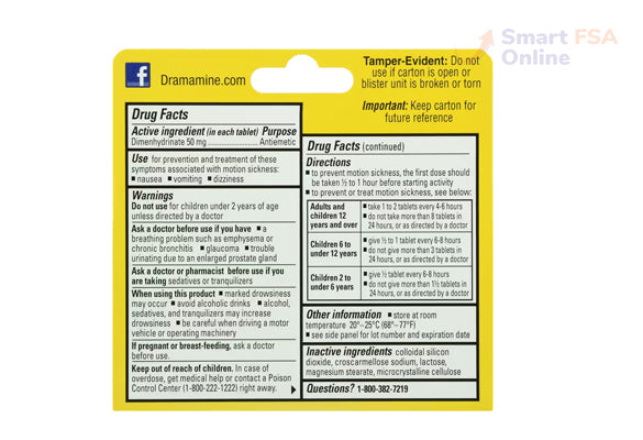 Dramamine Motion Sickness Relief Tablets, Less Drowsy Formula, 8 ct.