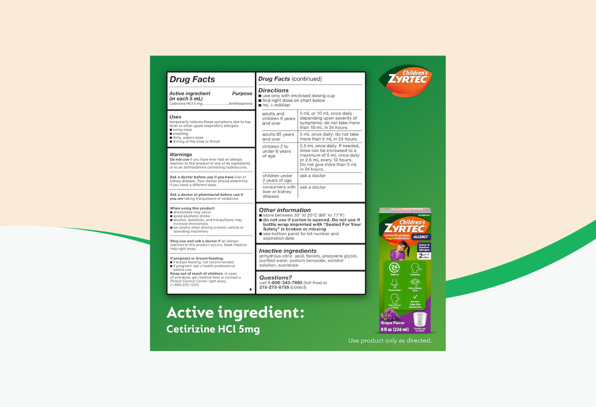Children's Zyrtec 1 mg Grape Syrup, 8 fl oz.