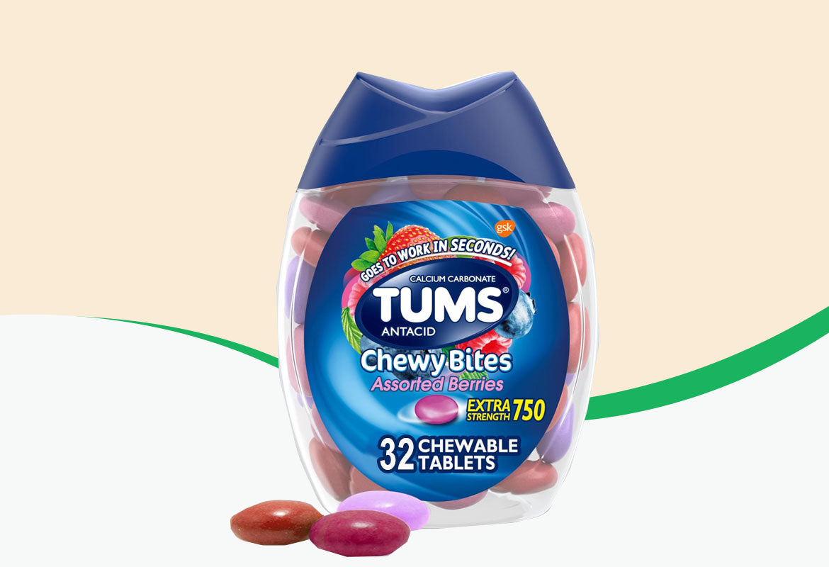 TUMS Chewy Bites Extra Strength Antacid Chewable Tablets, Assorted Berries, 32ct